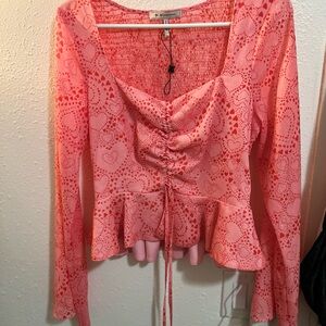 ❤️BCBGeneration Pink Heart Print Ruched Peplum Long Sleeve Top😍 NWOT